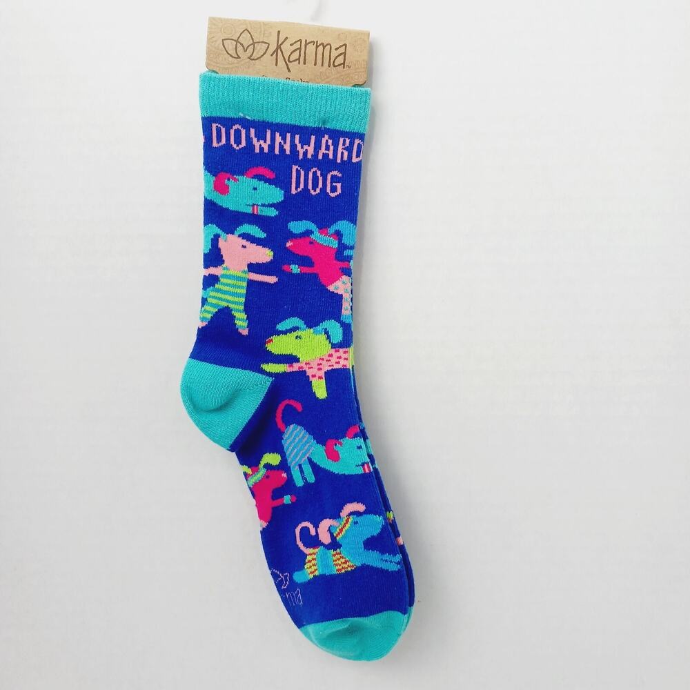 Women Boy Sock Crew Karma Downward Dog Yoga Gift Cotton Green Pink Puppy NWT NEW